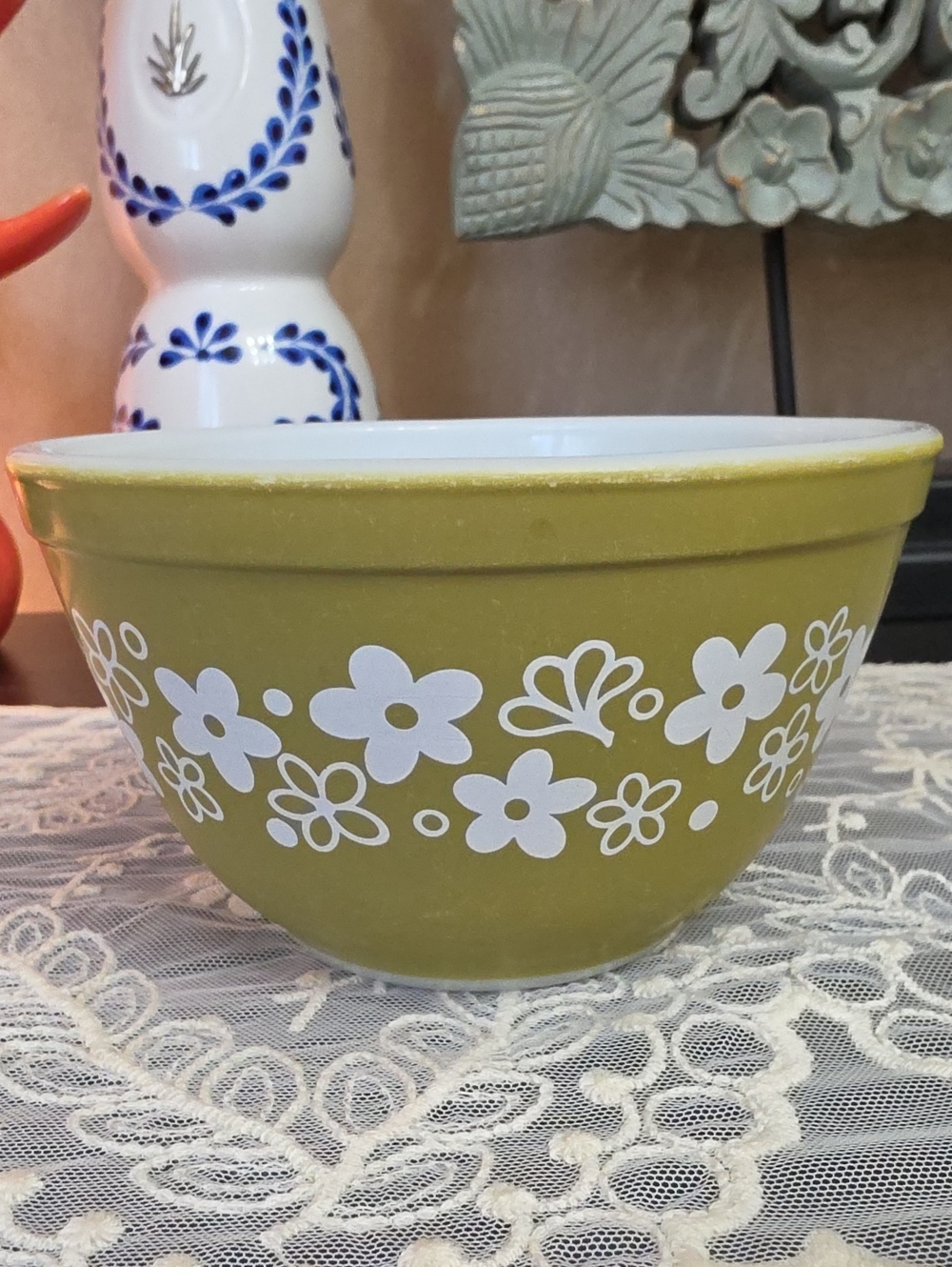 Vtg Pyrex Olive Green Nesting Mixing Bowl with White Base